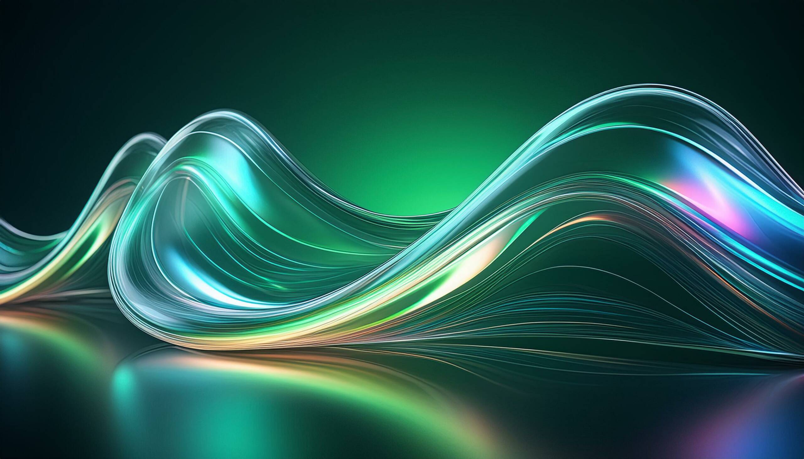 Firefly abstact fluid holographic iridescent neon curved wave in motion, glass texture , dark green